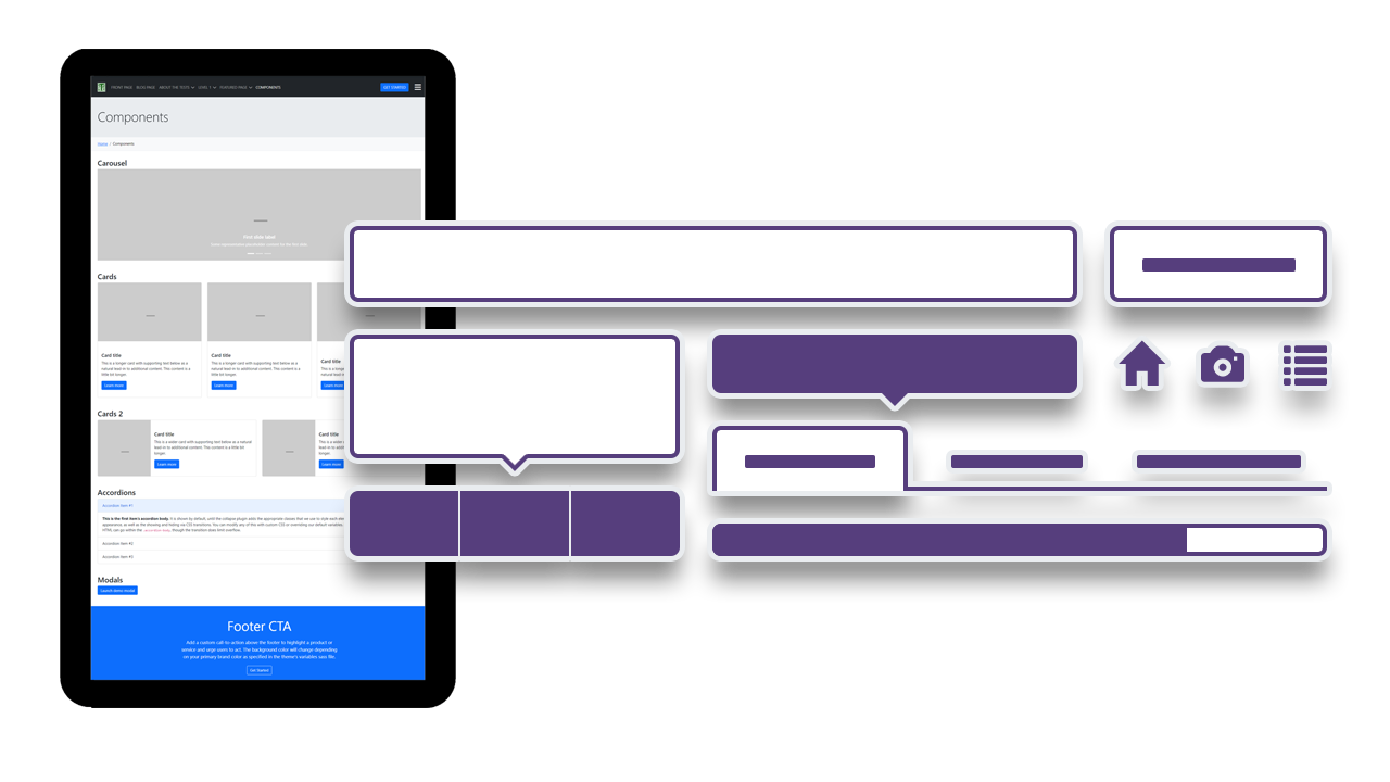 Various Bootstrap components appended over a screenshot of a page