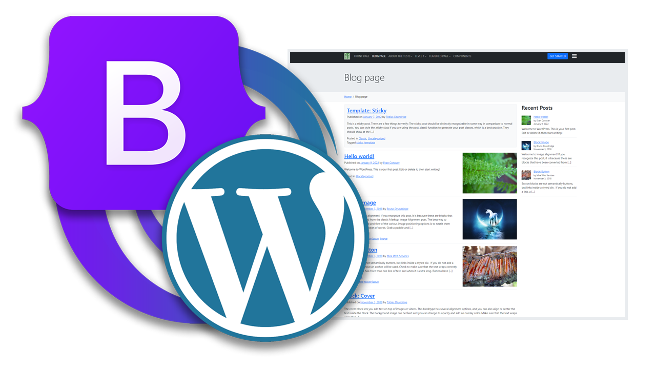 Bootstrap and WordPress logos appended over a screenshot of the theme